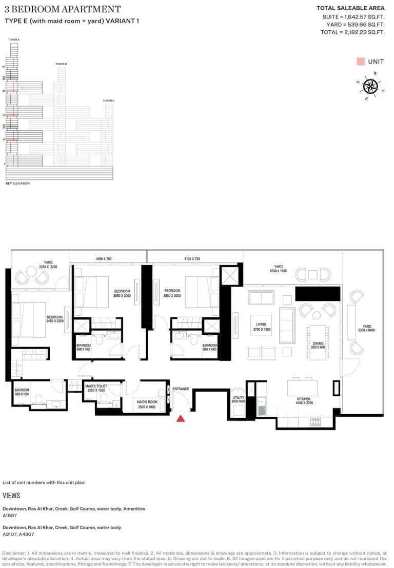 Sobha One Tower A – 3 Bedroom Type E Variant 1 Floor Plan