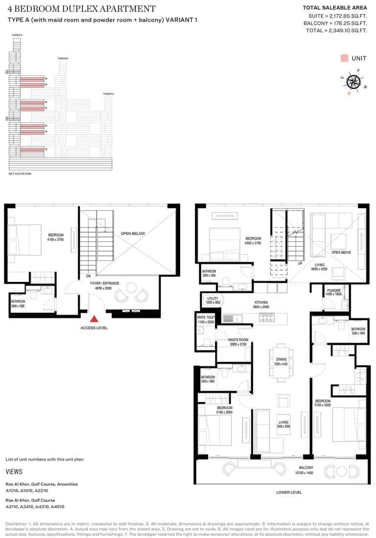 Sobha One Tower A – 4 Bedroom Duplex Type A Variant 1 Floor Plan
