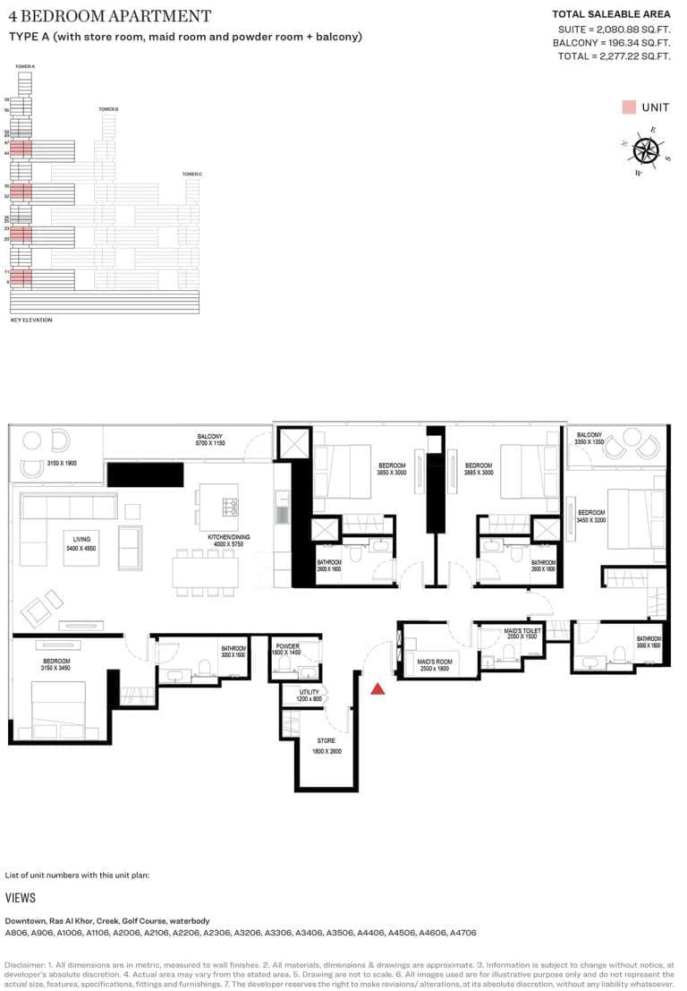 Sobha One Tower A – 4 Bedroom Type A Floor Plan