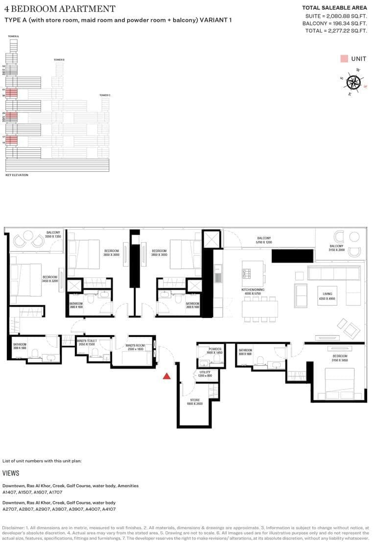 Sobha One Tower A – 4 Bedroom Type A Variant 1 Floor Plan