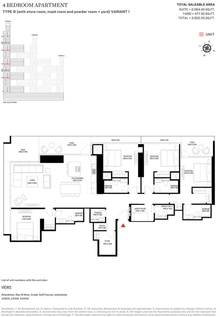 Sobha One Tower A – 4 Bedroom Type B Variant 1 Floor Plan