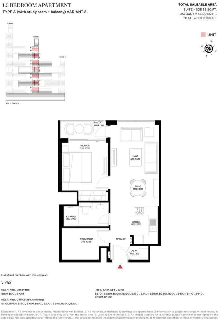 Sobha One Tower B – 1.5 Bedroom Type A Variant 2 Floor Plan