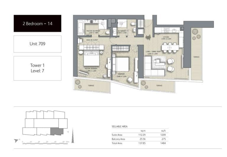 The Address Residences Dubai Opera Tower 1 – 2 Bedroom Apartment 14 Floor Plans