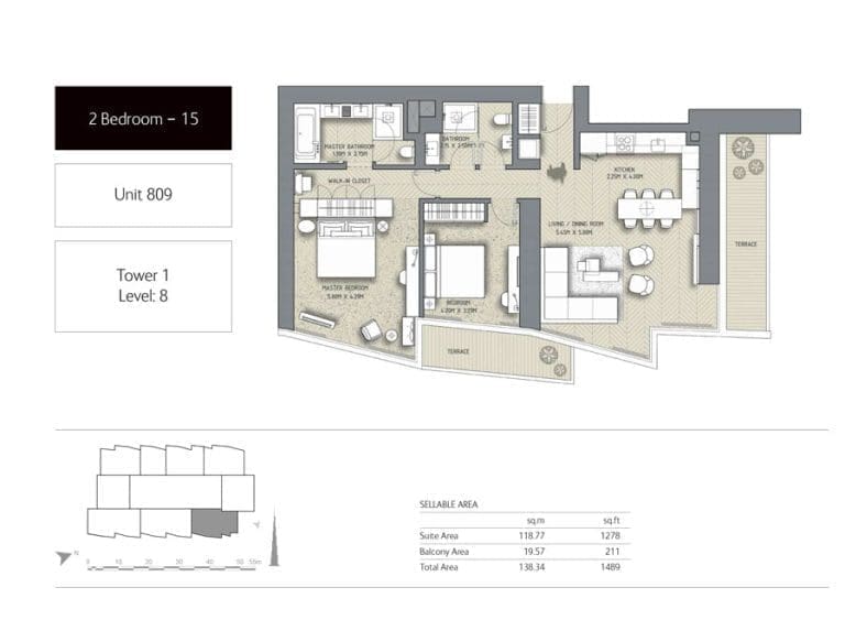 The Address Residences Dubai Opera Tower 1 – 2 Bedroom Apartment 15 Floor Plans