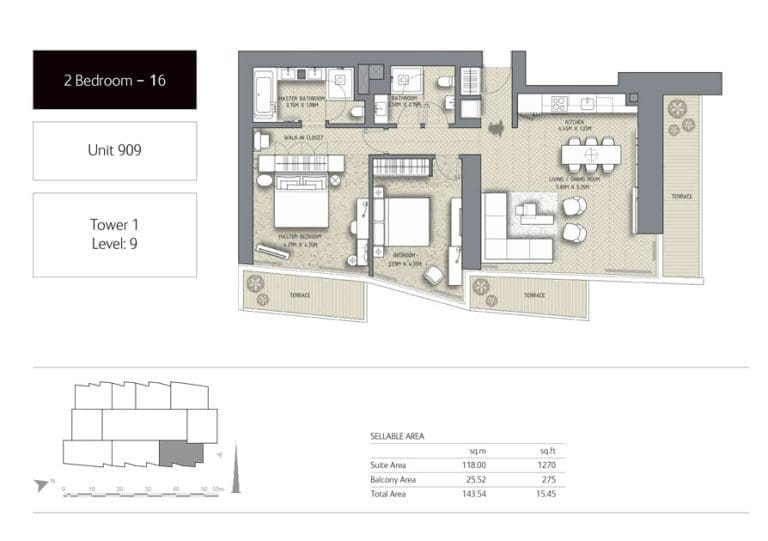 The Address Residences Dubai Opera Tower 1 – 2 Bedroom Apartment 16 Floor Plans