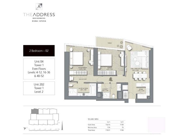 The Address Residences Dubai Opera Tower 1 – 2 Bedroom Apartment 02 Floor Plans