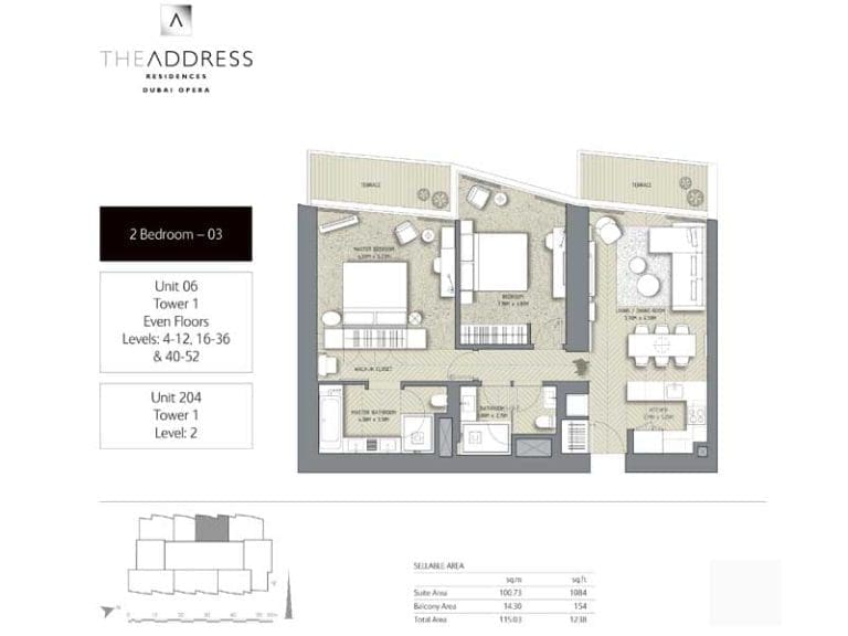 The Address Residences Dubai Opera Tower 1 – 2 Bedroom Apartment 03 Floor Plans