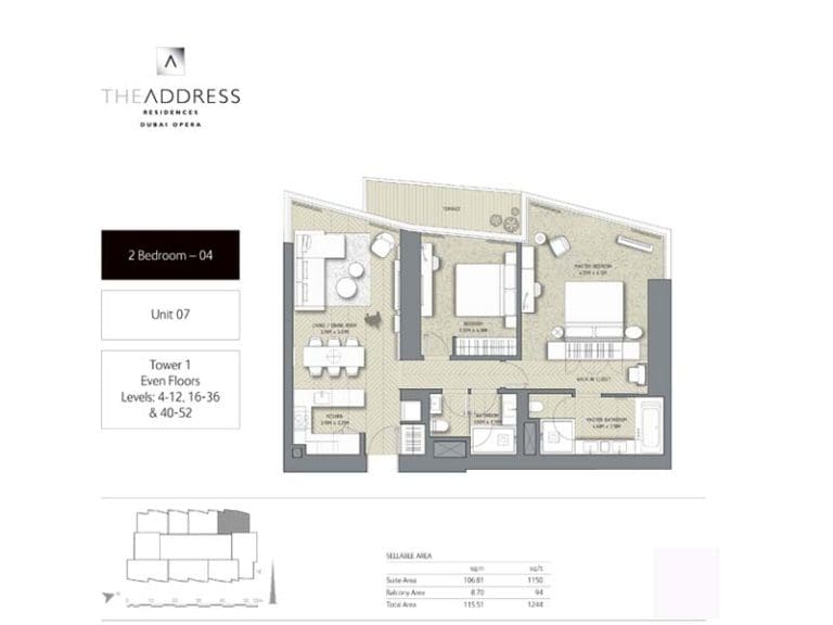 The Address Residences Dubai Opera Tower 1 – 2 Bedroom Apartment 04 Floor Plans