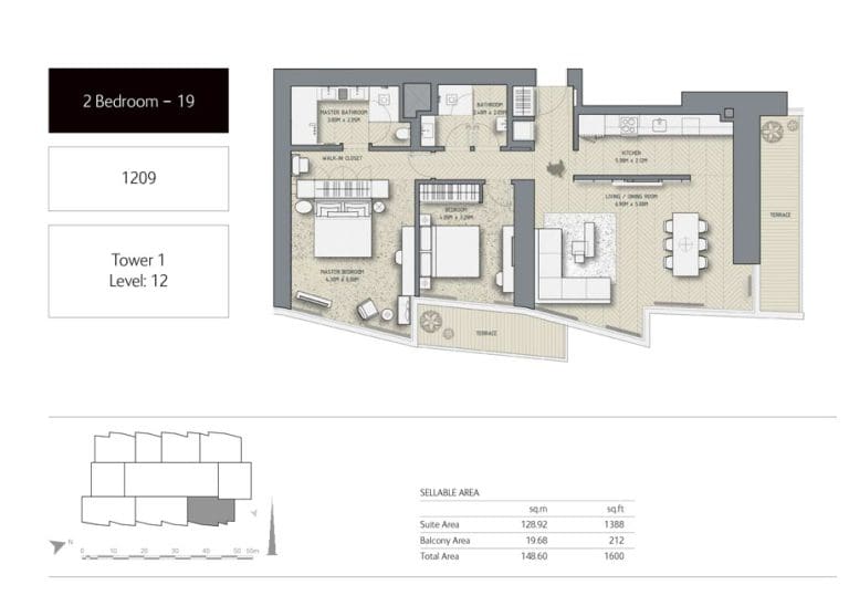 The Address Residences Dubai Opera Tower 1 – 2 Bedroom Apartment 19 Floor Plans