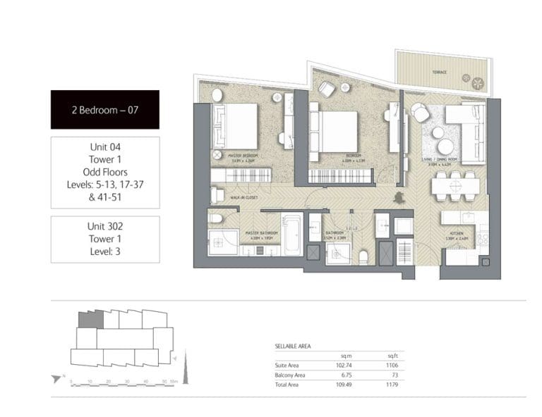 The Address Residences Dubai Opera Tower 1 – 2 Bedroom Apartment 07 Floor Plans