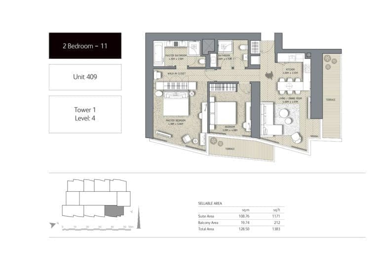 The Address Residences Dubai Opera Tower 1 – 2 Bedroom Apartment 11 Floor Plans