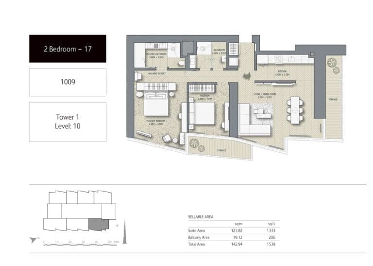The Address Residences Dubai Opera Tower 1 – 2 Bedroom Apartment 17 Floor Plans