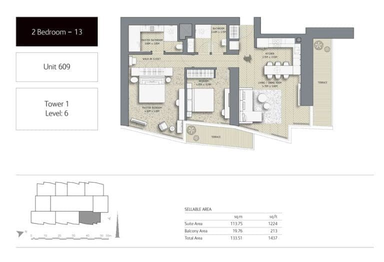 The Address Residences Dubai Opera Tower 1 – 2 Bedroom Apartment 13 Floor Plans