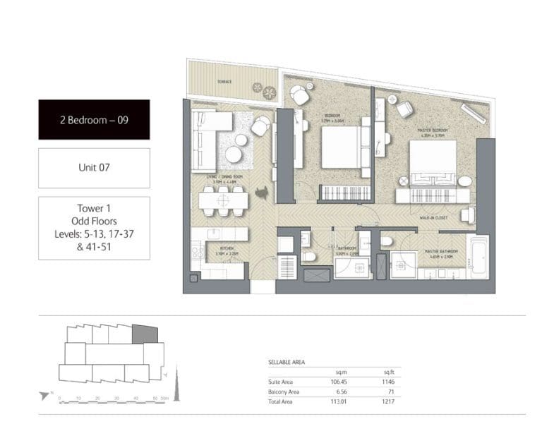 The Address Residences Dubai Opera Tower 1 – 2 Bedroom Apartment 09 Floor Plans
