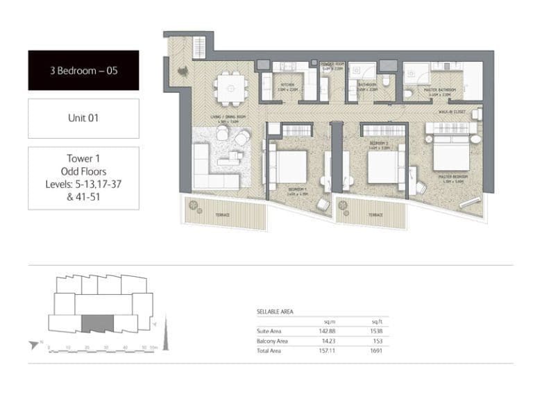 The Address Residences Dubai Opera Tower 1 – 3 Bedroom Apartment 05 Floor Plans