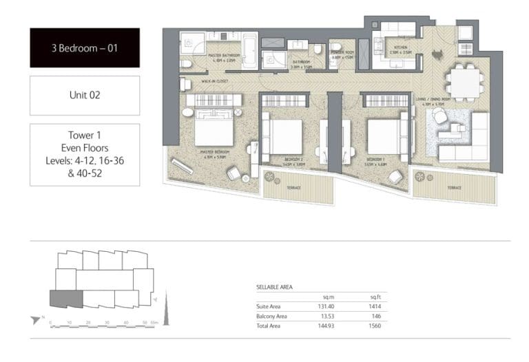 The Address Residences Dubai Opera Tower 1 – 3 Bedroom Apartment 01 Floor Plans