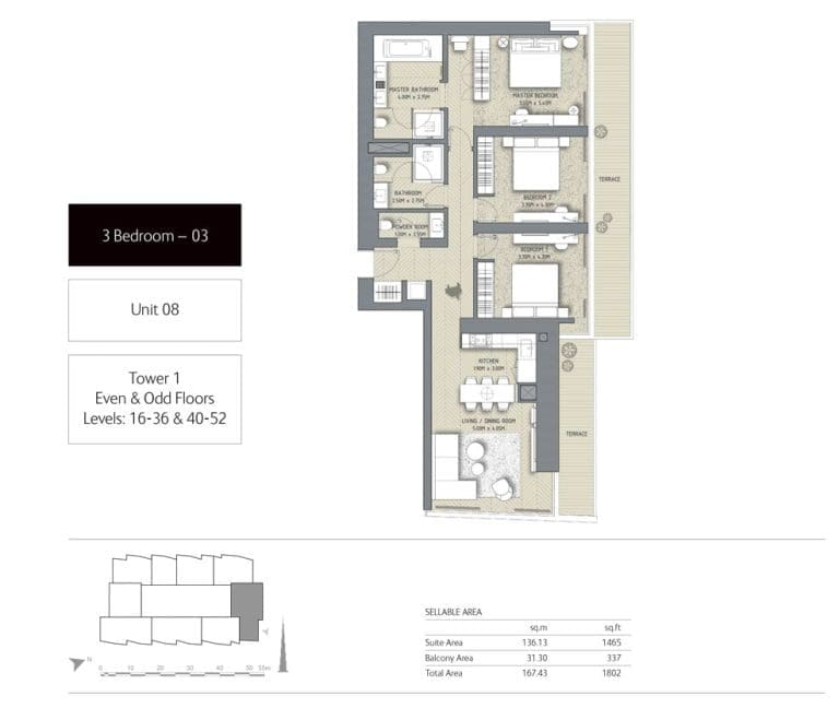 The Address Residences Dubai Opera Tower 1 – 3 Bedroom Apartment 03 Floor Plans
