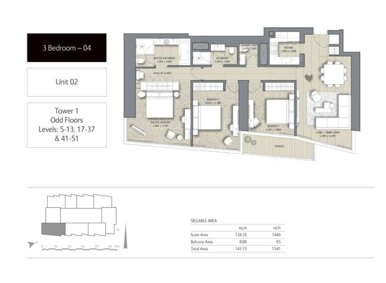 The Address Residences Dubai Opera Tower 1 – 3 Bedroom Apartment 04 Floor Plans