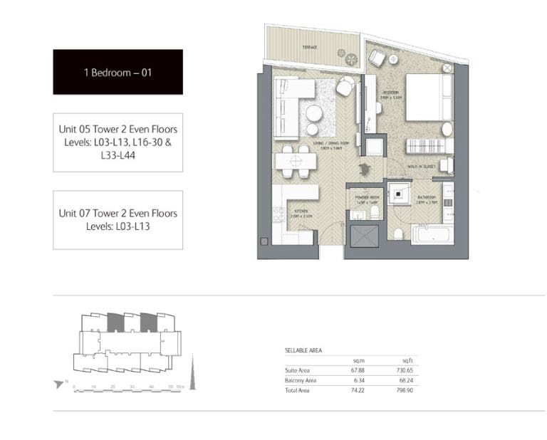 The Address Residences Dubai Opera Tower 2 – 1 Bedroom Apartment 01 Floor Plans