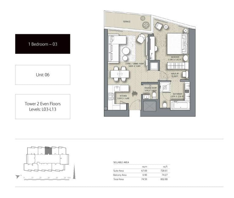 The Address Residences Dubai Opera Tower 2 – 1 Bedroom Apartment 03 Floor Plans
