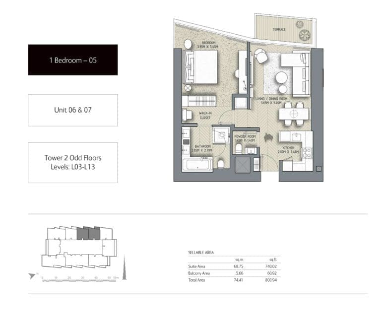 The Address Residences Dubai Opera Tower 2 – 1 Bedroom Apartment 05 Floor Plans