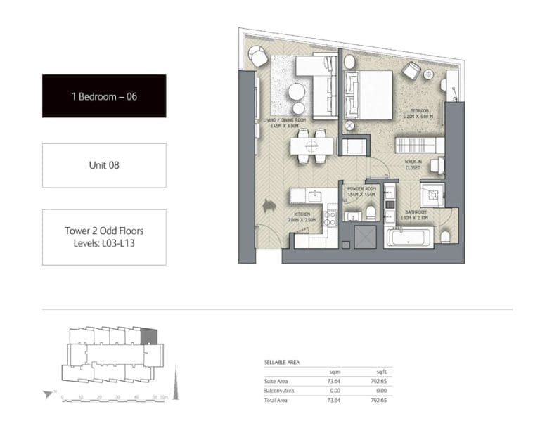 The Address Residences Dubai Opera Tower 2 – 1 Bedroom Apartment 06 Floor Plans