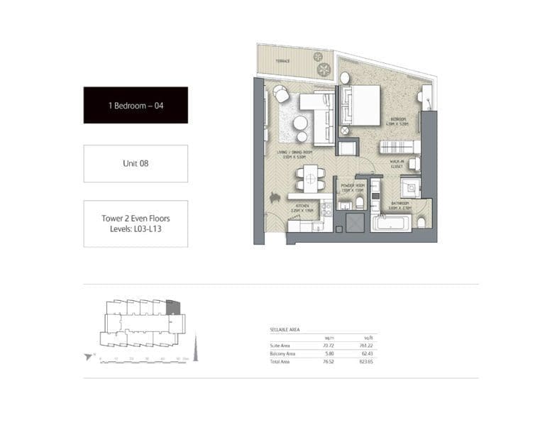 The Address Residences Dubai Opera Tower 2 – 1 Bedroom Apartment 04 Floor Plans