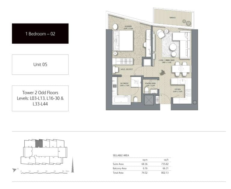 The Address Residences Dubai Opera Tower 2 – 1 Bedroom Apartment 02 Floor Plans