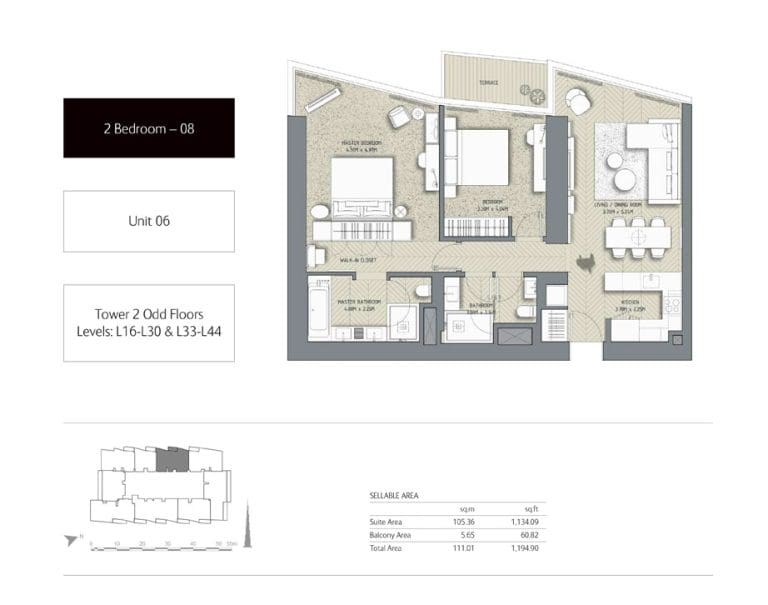 The Address Residences Dubai Opera Tower 2 – 2 Bedroom Apartment 08 Floor Plans