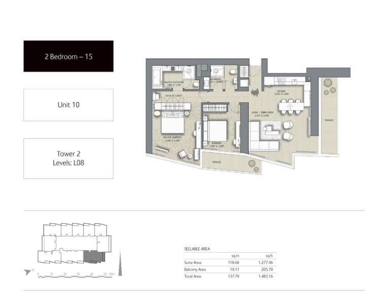 The Address Residences Dubai Opera Tower 2 – 2 Bedroom Apartment 15 Floor Plans
