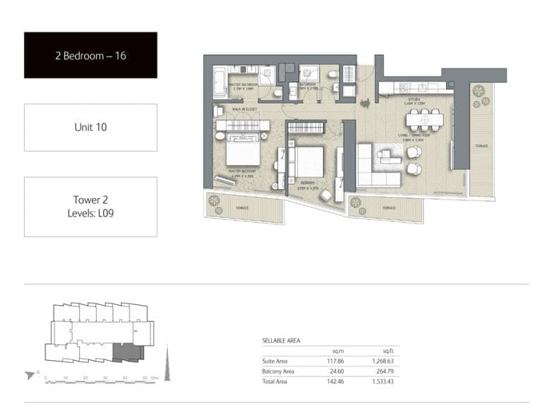 The Address Residences Dubai Opera Tower 2 – 2 Bedroom Apartment 16 Floor Plans