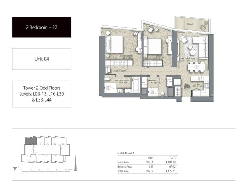 The Address Residences Dubai Opera Tower 2 – 2 Bedroom Apartment 22 Floor Plans