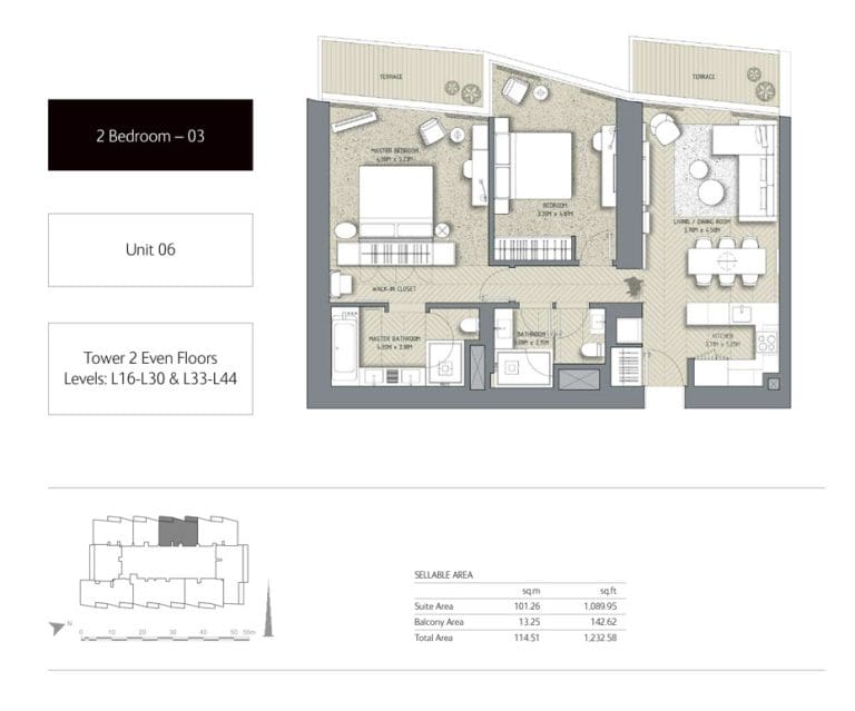 The Address Residences Dubai Opera Tower 2 – 2 Bedroom Apartment 03 Floor Plans