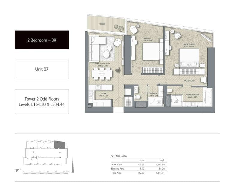The Address Residences Dubai Opera Tower 2 – 2 Bedroom Apartment 09 Floor Plans