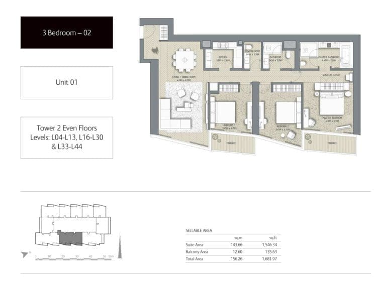 The Address Residences Dubai Opera Tower 2 – 3 Bedroom Apartment 02 Floor Plans