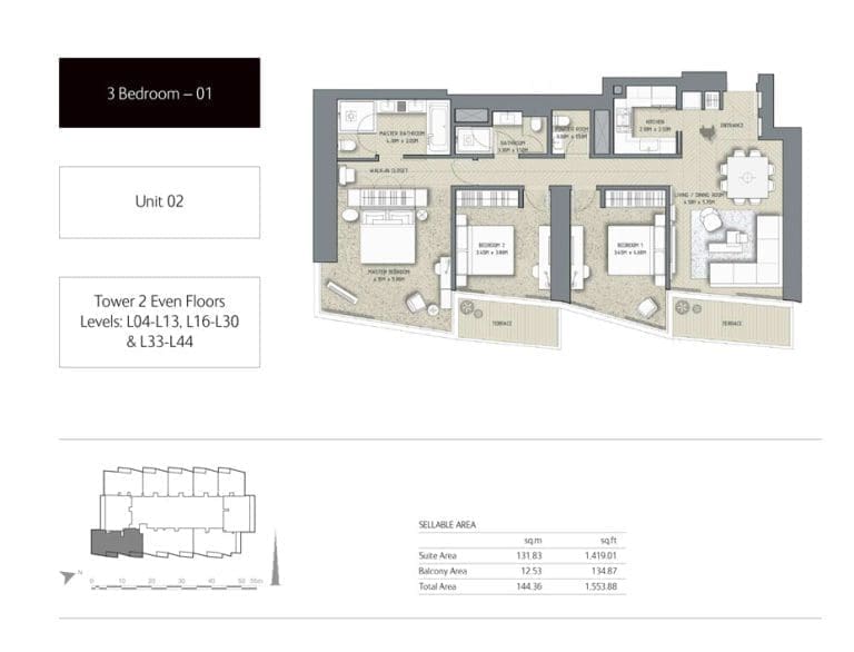The Address Residences Dubai Opera Tower 2 – 3 Bedroom Apartment 01 Floor Plans