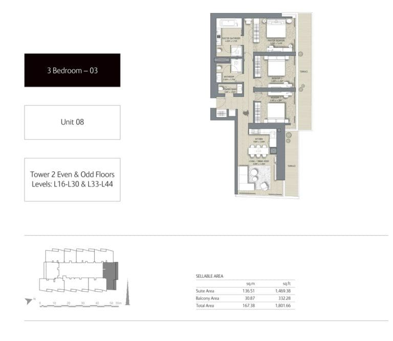 The Address Residences Dubai Opera Tower 2 – 3 Bedroom Apartment 03 Floor Plans