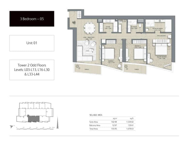 The Address Residences Dubai Opera Tower 2 – 3 Bedroom Apartment 05 Floor Plans