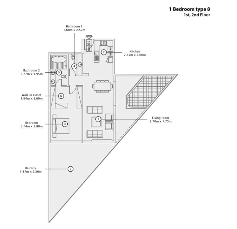 Mina Azizi 1 Bedroom Apartment Type 8 Floor Plans