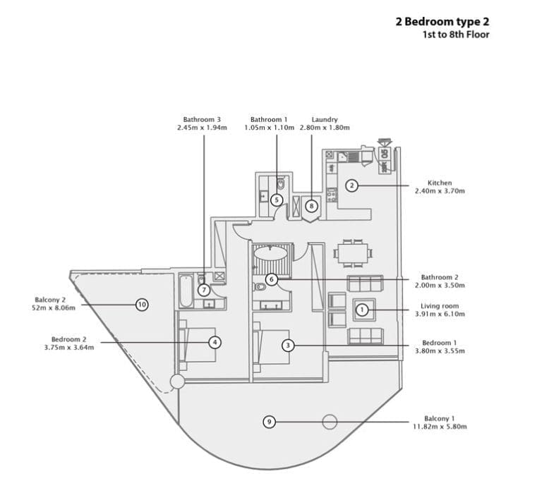 Mina Azizi 2 Bedroom Apartment Type 2 Floor Plans
