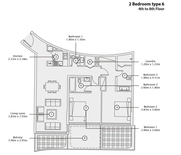 Mina Azizi 2 Bedroom Apartment Type 6 Floor Plans