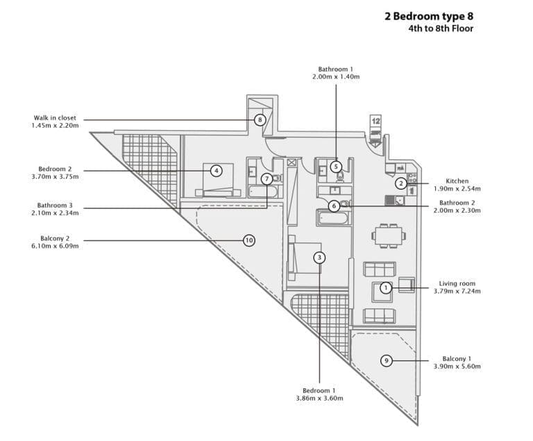 Mina Azizi 2 Bedroom Apartment Type 8 Floor Plans