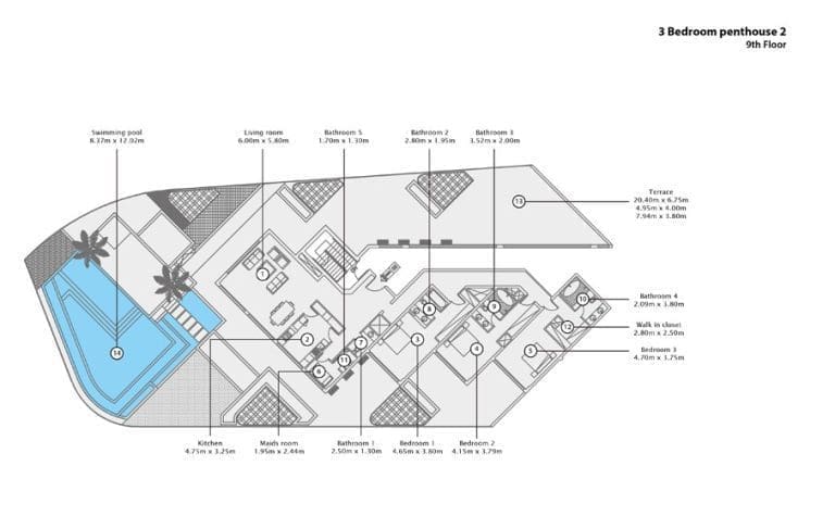 Mina Azizi 3 Bedroom Penthouse Type 2 Floor Plans