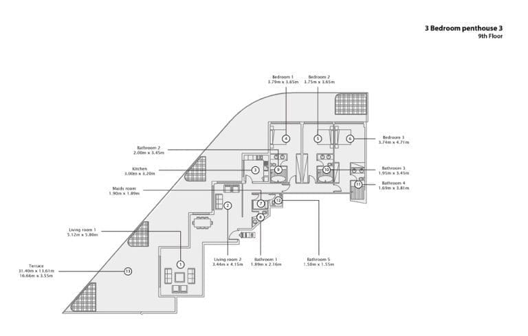Mina Azizi 3 Bedroom Penthouse Type 3 Floor Plans