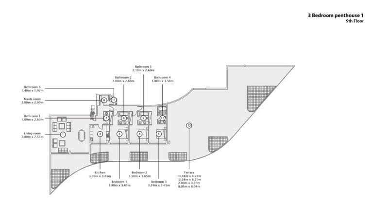 Mina Azizi 3 Bedroom Penthouse Type 1 Floor Plans