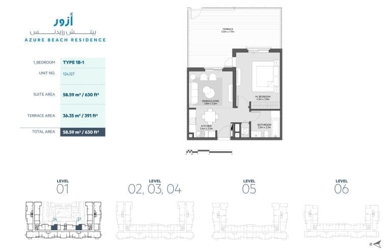 Azure Beach Residence 1 Bedroom Apartment Type 1B-1 Floor Plans