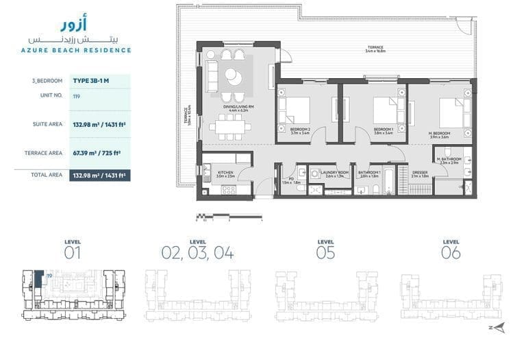 Azure Beach Residence 3 Bedroom Apartment Type 3B-1M Floor Plans