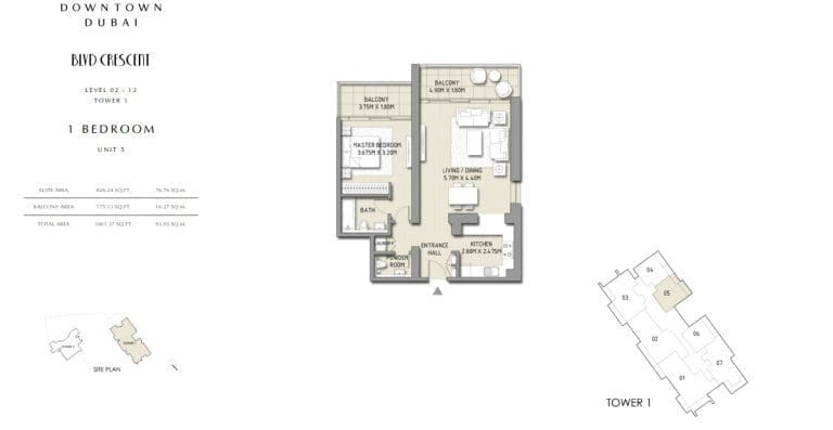 Boulevard Crescent Tower 1 – 1 Bedroom Apartment Unit 5 Floor Plans