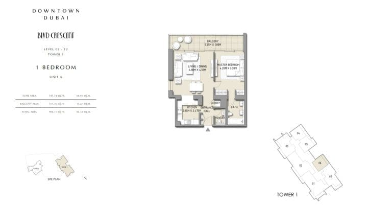 Boulevard Crescent Tower 1 – 1 Bedroom Apartment Unit 6 Floor Plans