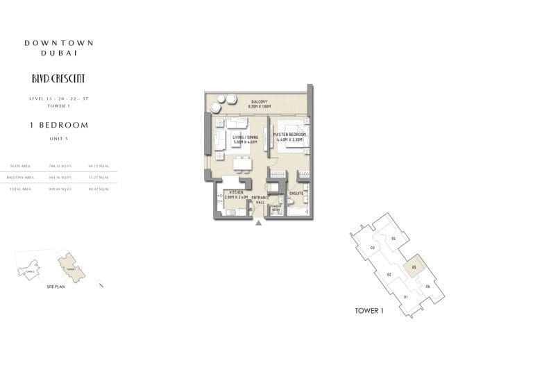 Boulevard Crescent Tower 1 – 1 Bedroom Apartment Unit 5-1 Floor Plans